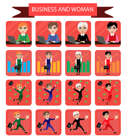 Set of flat icons with the image of a business woman at the workのイラスト素材