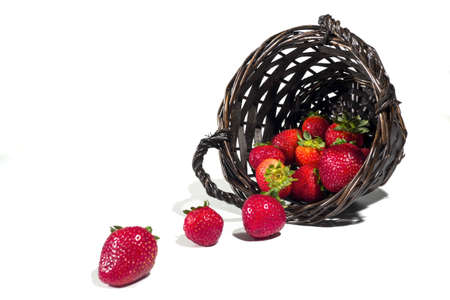 A basket of strawberries on a white background with the berries spilling outの写真素材