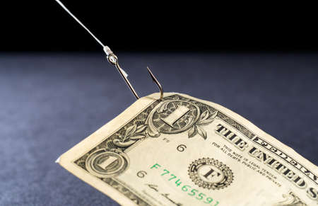 Money being reeled in on a fish hook hook - concept image for business - profits, loss, risk, investment, etc.の写真素材