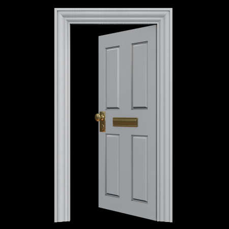 Open white Door to a house, with a mail box. Isolated on black - 3D illustration. graphic element, concept imageの写真素材