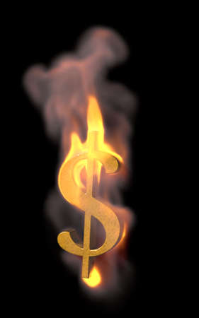 Dollar sign on fire - money with flames and smoke rising from it - concept image - 3D illustrationの写真素材