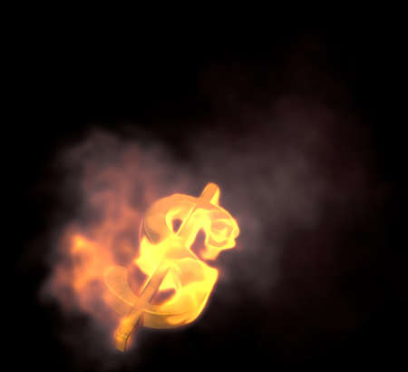 Dollar sign on fire - money with flames and smoke rising from it - concept image - 3D illustrationの写真素材