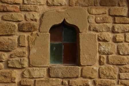 window with stained glass and curiously shapedの写真素材