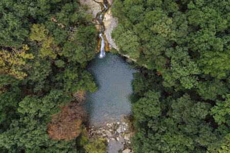 Waterfall and lagoon in the middle of the forestの写真素材
