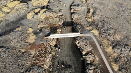 Aerial view of the bridge Leif the Lucky at Reykjanes peninsula in Icelandの写真素材