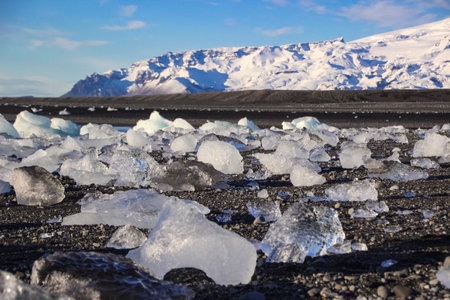 Beautiful sunrise at diamond beach, near jokulsarlon lagoon, Iceland