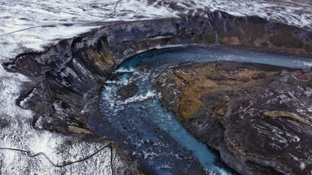 The Aldeyjarfoss waterfall in northeastern Iceland surrounded by beautiful rock formations.の写真素材