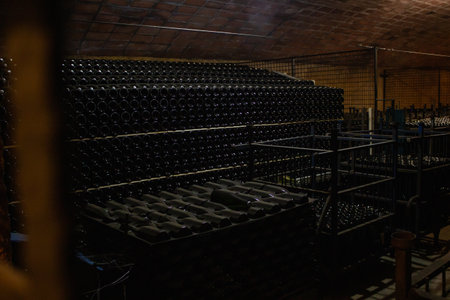bottles of cava placed to ferment in a large cellar