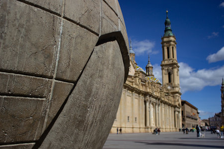 View of El Pilar cathedral in Zaragoza, Spainの写真素材