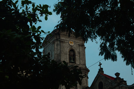 Bell tower of the Church of San AgustÃ­n among the trees at sunset.の写真素材