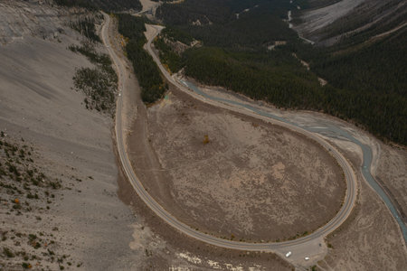 Spectacular aerial view of the curve at The Big Bend on the Icefield Parkway, Canadian Rockies.