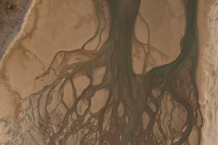 Beautiful aerial view of Medicine Lake in which different streams form in the form of roots, after...