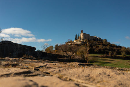 Aerial view of the walled town of Montfalco Murallat on a sunny morning, in Lleida, Spainの写真素材