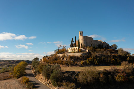 Aerial view of the walled town of Montfalco Murallat on a sunny morning, in Lleida, Spainの写真素材