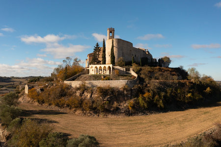 Aerial view of the walled town of Montfalco Murallat on a sunny morning, in Lleida, Spainの写真素材