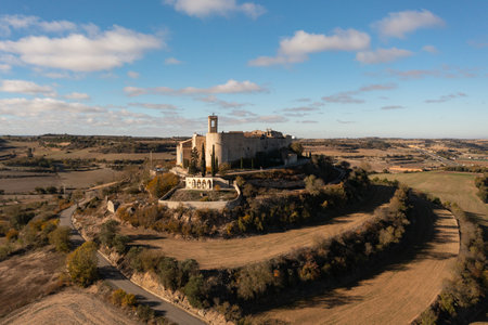 Aerial view of the walled town of Montfalco Murallat on a sunny morning, in Lleida, Spain
