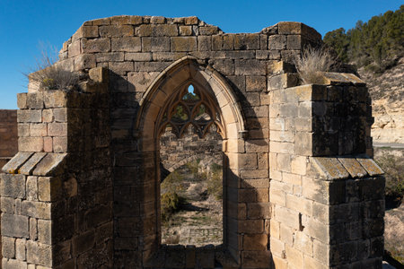 Aerial view of ruins of the abbey of Santa Maria de Vallsanta is located in the municipality of Guimera, province of Lleidaの写真素材