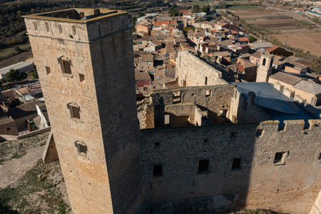 Aerial view of castle Ciutadilla, in Ciutadilla, Lleidaの写真素材