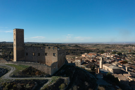 Aerial view of castle Ciutadilla, in Ciutadilla, Lleidaの写真素材