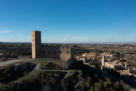 Aerial view of castle Ciutadilla, in Ciutadilla, Lleidaの写真素材