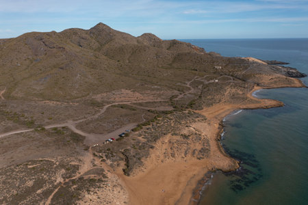 Aerial view of the beaches of Calblanque and the Mediterranean Seaの写真素材