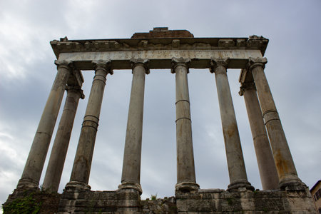 11 13 2023 Italy, Rome, Via dell Arco di Settimio, view of the ruins of the temple Temple of...