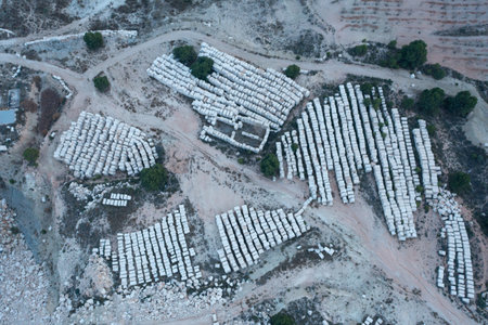 Aerial view of Open-air mining activity in a white marble mine in Murcia, Spain