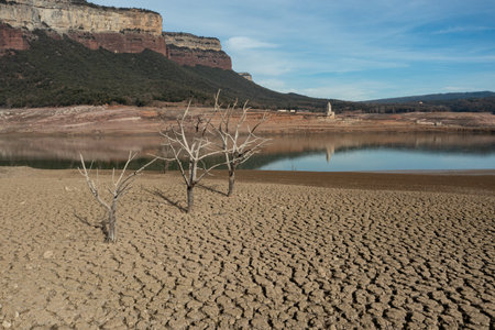 Aerial view dry and cracked earth in the reservoir at Sau reservoir, Cataloniaの写真素材