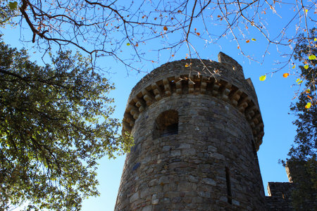 One of the towers of Requesens Castle, near the village of Cantallops, Catalonia, Spain