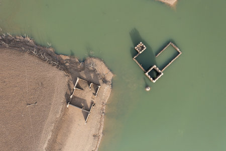 Sau reservoir in a very dry period with very little waterの写真素材