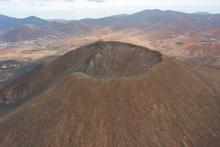 Aerial photograph capturing the unique volcanic landscape of Caldera de Gayria on Fuerteventura...