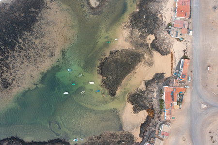 Stunning aerial photograph of Majanicho, a small coastal village in northern Fuerteventura, Canary...
