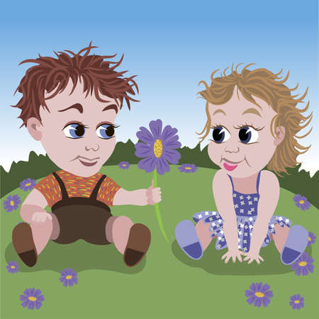 Illustration of little boy giving violet flower to small girl on the meadow のイラスト素材