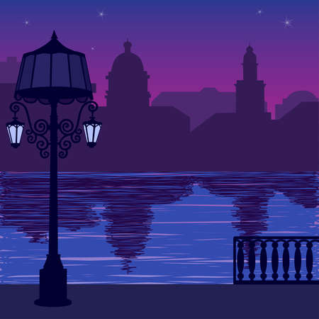 Illustration of city skyline at nigh: quay and silhouette of lamppost  のイラスト素材