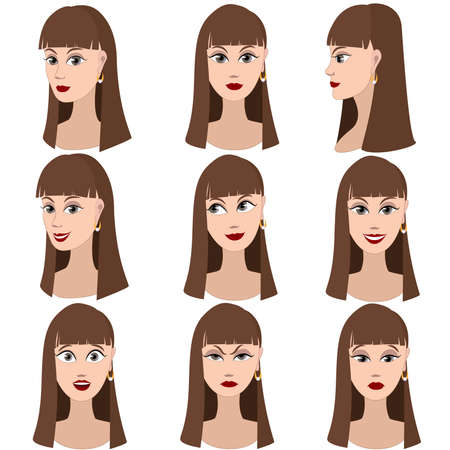 Set of variation of emotions of the same girl with brown hair. She is remembering, thinking, sad, dreaming, angry, surprised, outraged, smiling. She have long straight hair and gray eyes.のイラスト素材