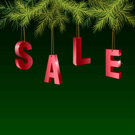 Christmas sale red tags over green background with fir branches. Vector illustration.のイラスト素材