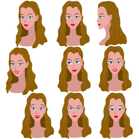 Set of variation of emotions of the same girl with brown hair. She is remembering, thinking, sad, dreaming, angry, surprised, outraged, smiling. She have long wavy hair and blue eyes.のイラスト素材