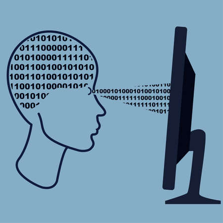 Abstract human head implementing the interface with the computer. The head is filled binary code.のイラスト素材