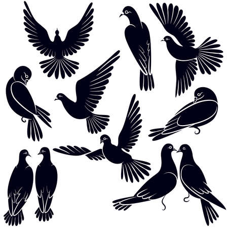 Silhouettes of pigeons that fly and sitのイラスト素材