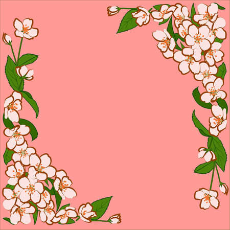 Ornament of pink apple flowers with green leaves.  Flower frameのイラスト素材