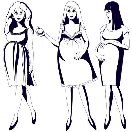 Set of black and white young pregnant womenのイラスト素材