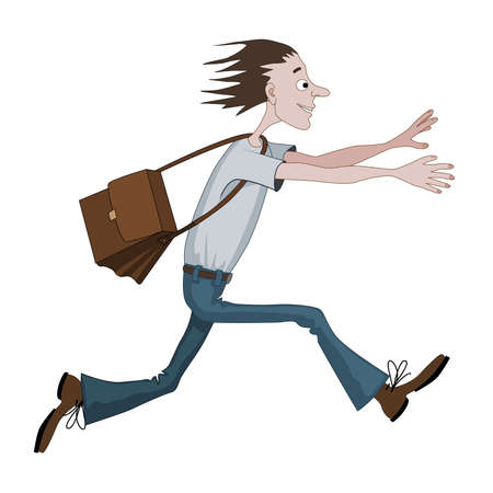 Carton man running fast with bag towards something or someone. He is happyのイラスト素材