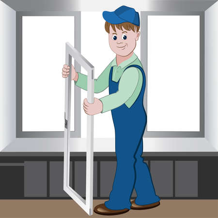Worker installs or repairs plastic windowのイラスト素材