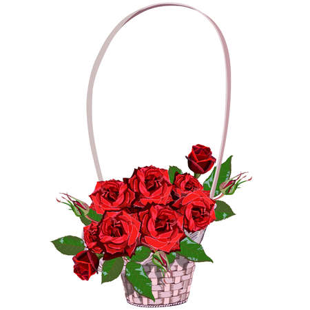 Wicker floral basket with red rosesのイラスト素材