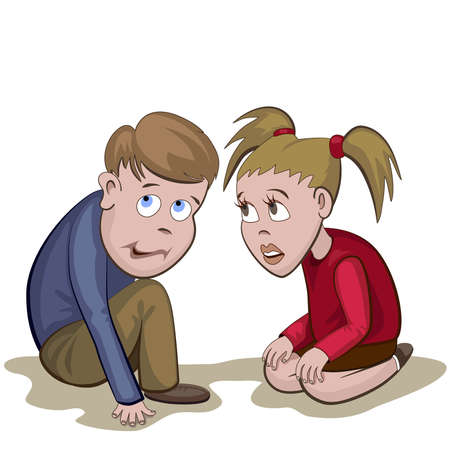 Boy and girl sit and scared with something or somebodyのイラスト素材