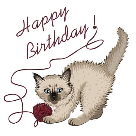 Kitten plaing with ball of wool and happy birthdayのイラスト素材