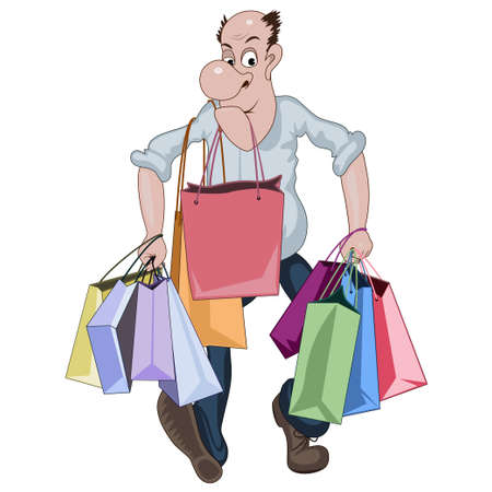 Cartoon man walking with a lots of shop bagsのイラスト素材