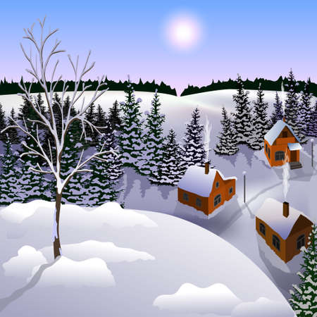 View of landscape of winter town from hill. Day, sun, sky, skyline, forest, houses.のイラスト素材