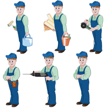Set of decorator or handyman with equipment for repair such as wallpaper, basket, glue, angle grinder, perforator, saw.のイラスト素材