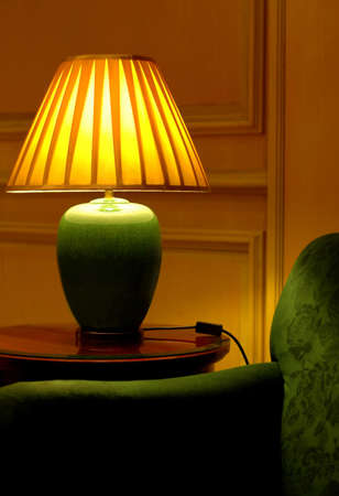 table lamp and sofa with wooden backgroundの写真素材